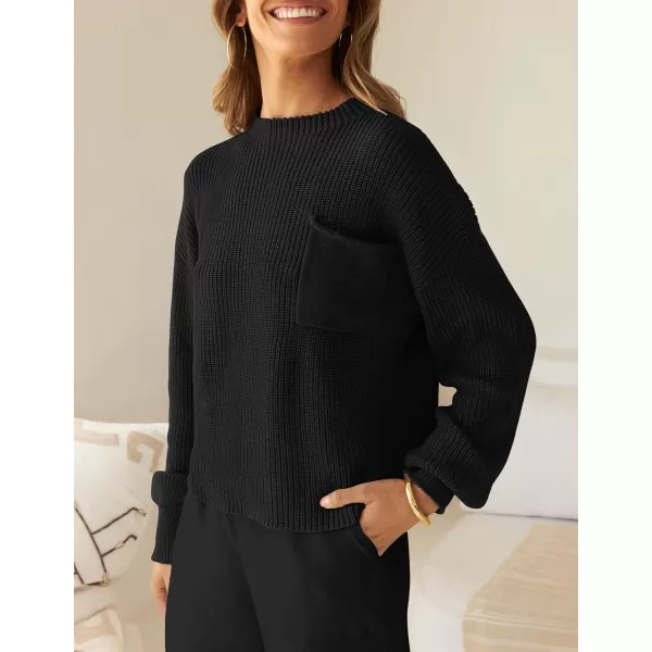 imageZESICA Womens 2 Piece Outfits Sweater Set Long Sleeve Mock Neck Knit Pullover Top High Waist Pant Tracksuit Lounge SetsBlack