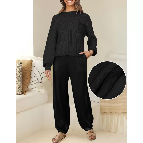 imageZESICA Womens 2 Piece Outfits Sweater Set Long Sleeve Mock Neck Knit Pullover Top High Waist Pant Tracksuit Lounge SetsBlack