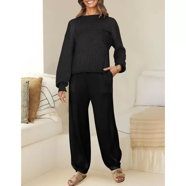 imageZESICA Womens 2 Piece Outfits Sweater Set Long Sleeve Mock Neck Knit Pullover Top High Waist Pant Tracksuit Lounge SetsBlack