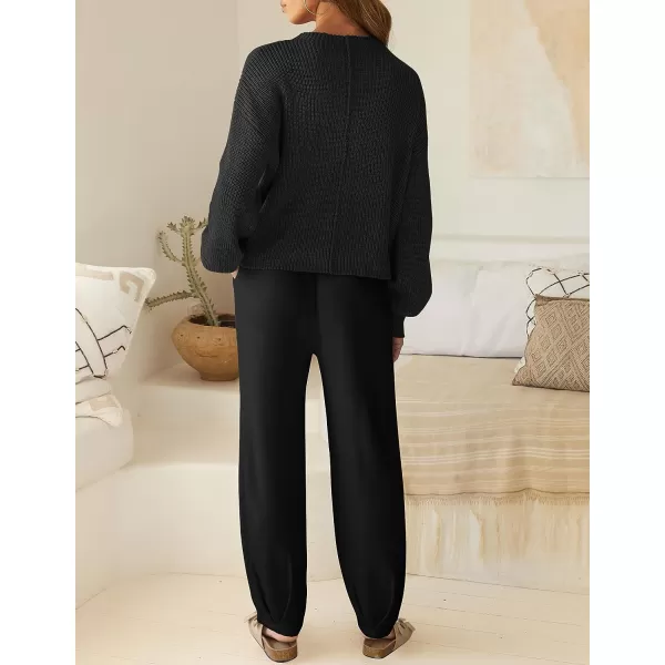 imageZESICA Womens 2 Piece Outfits Sweater Set Long Sleeve Mock Neck Knit Pullover Top High Waist Pant Tracksuit Lounge SetsBlack