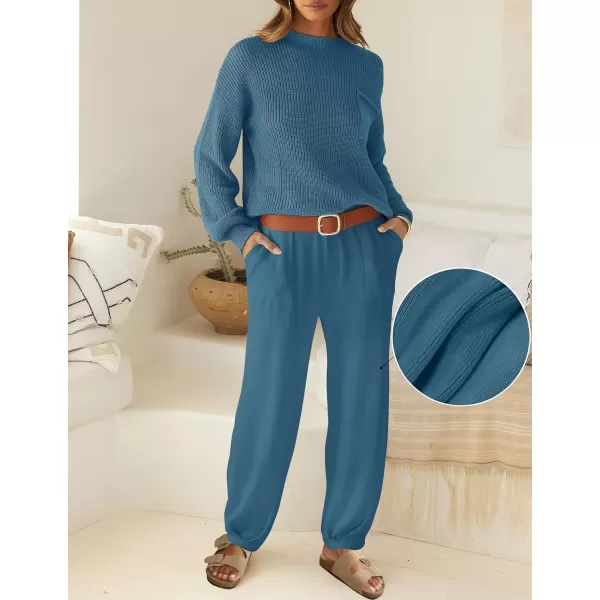 imageZESICA Womens 2 Piece Outfits Sweater Set Long Sleeve Mock Neck Knit Pullover Top High Waist Pant Tracksuit Lounge SetsBlue