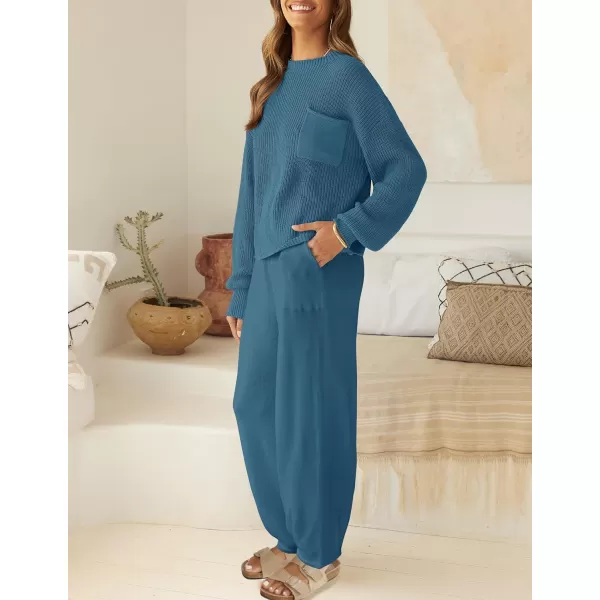 imageZESICA Womens 2 Piece Outfits Sweater Set Long Sleeve Mock Neck Knit Pullover Top High Waist Pant Tracksuit Lounge SetsBlue
