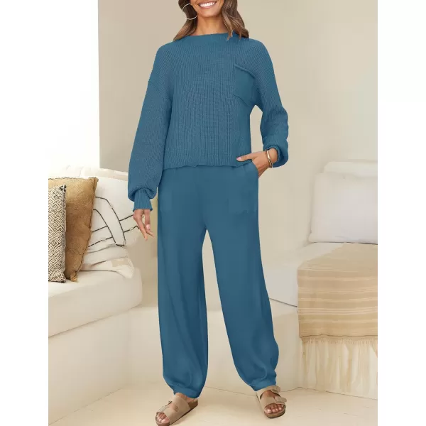 imageZESICA Womens 2 Piece Outfits Sweater Set Long Sleeve Mock Neck Knit Pullover Top High Waist Pant Tracksuit Lounge SetsBlue