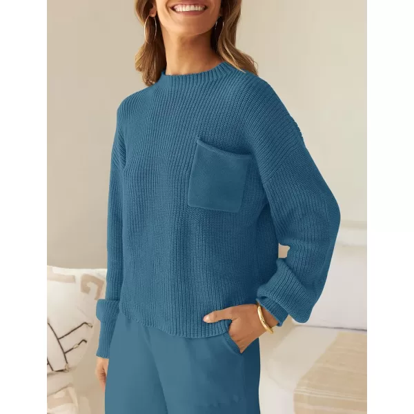imageZESICA Womens 2 Piece Outfits Sweater Set Long Sleeve Mock Neck Knit Pullover Top High Waist Pant Tracksuit Lounge SetsBlue
