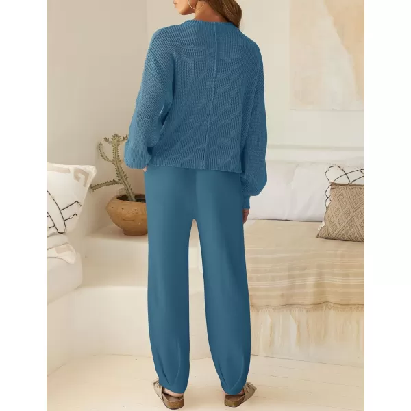 imageZESICA Womens 2 Piece Outfits Sweater Set Long Sleeve Mock Neck Knit Pullover Top High Waist Pant Tracksuit Lounge SetsBlue