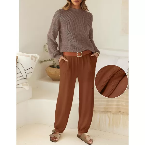 imageZESICA Womens 2 Piece Outfits Sweater Set Long Sleeve Mock Neck Knit Pullover Top High Waist Pant Tracksuit Lounge SetsCaramel
