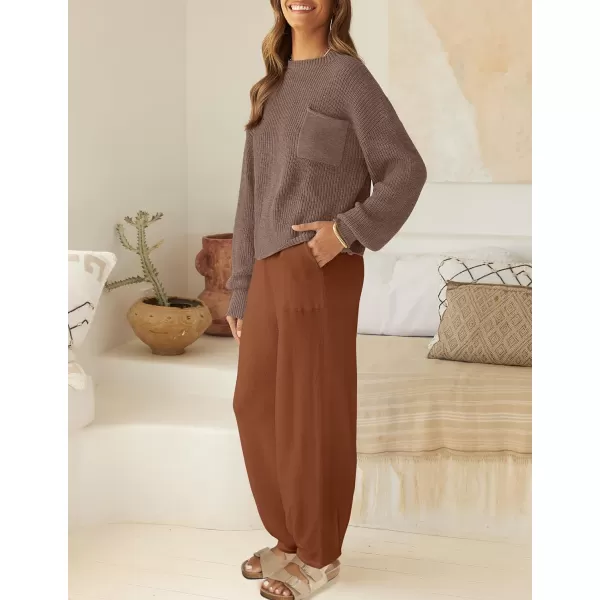 imageZESICA Womens 2 Piece Outfits Sweater Set Long Sleeve Mock Neck Knit Pullover Top High Waist Pant Tracksuit Lounge SetsCaramel