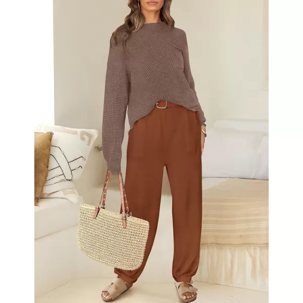 imageZESICA Womens 2 Piece Outfits Sweater Set Long Sleeve Mock Neck Knit Pullover Top High Waist Pant Tracksuit Lounge SetsCaramel