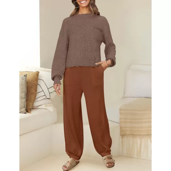 imageZESICA Womens 2 Piece Outfits Sweater Set Long Sleeve Mock Neck Knit Pullover Top High Waist Pant Tracksuit Lounge SetsCaramel