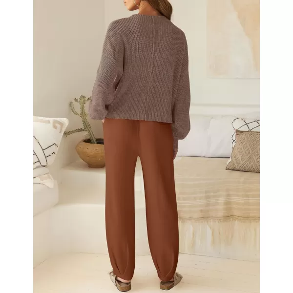 imageZESICA Womens 2 Piece Outfits Sweater Set Long Sleeve Mock Neck Knit Pullover Top High Waist Pant Tracksuit Lounge SetsCaramel