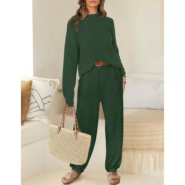 imageZESICA Womens 2 Piece Outfits Sweater Set Long Sleeve Mock Neck Knit Pullover Top High Waist Pant Tracksuit Lounge SetsForestgreen
