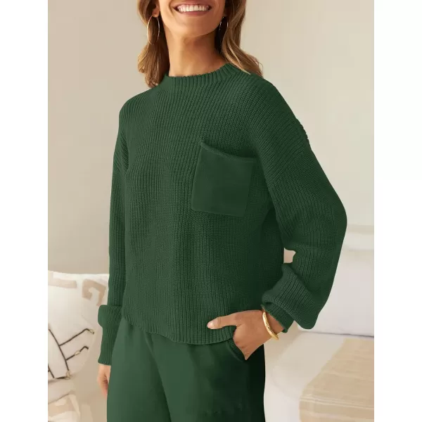 imageZESICA Womens 2 Piece Outfits Sweater Set Long Sleeve Mock Neck Knit Pullover Top High Waist Pant Tracksuit Lounge SetsForestgreen