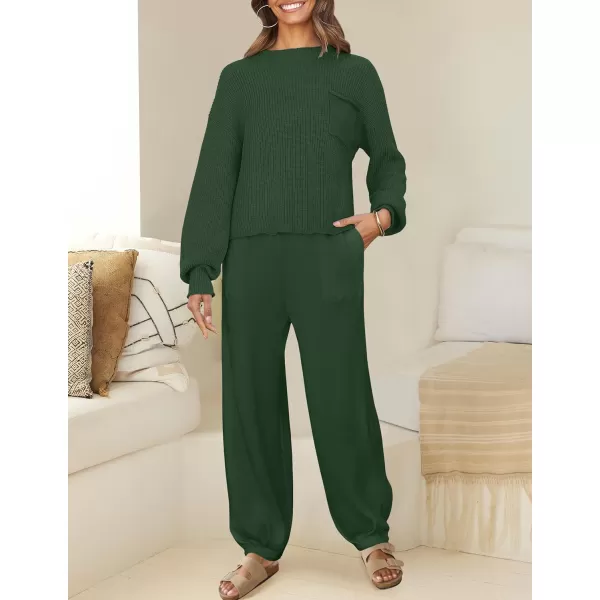 imageZESICA Womens 2 Piece Outfits Sweater Set Long Sleeve Mock Neck Knit Pullover Top High Waist Pant Tracksuit Lounge SetsForestgreen