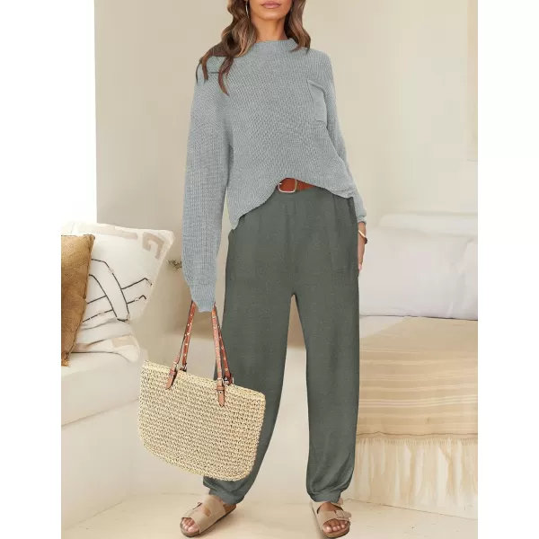 imageZESICA Womens 2 Piece Outfits Sweater Set Long Sleeve Mock Neck Knit Pullover Top High Waist Pant Tracksuit Lounge SetsGrey