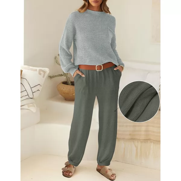 imageZESICA Womens 2 Piece Outfits Sweater Set Long Sleeve Mock Neck Knit Pullover Top High Waist Pant Tracksuit Lounge SetsGrey