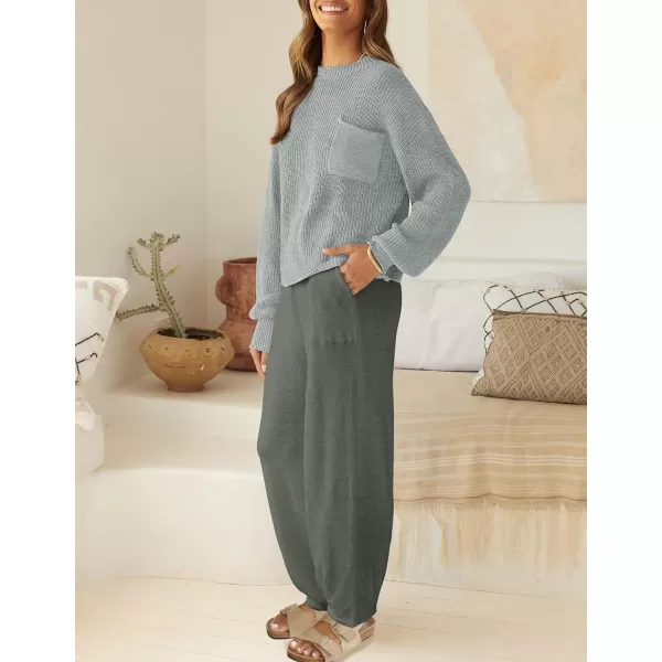 imageZESICA Womens 2 Piece Outfits Sweater Set Long Sleeve Mock Neck Knit Pullover Top High Waist Pant Tracksuit Lounge SetsGrey