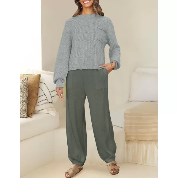 imageZESICA Womens 2 Piece Outfits Sweater Set Long Sleeve Mock Neck Knit Pullover Top High Waist Pant Tracksuit Lounge SetsGrey