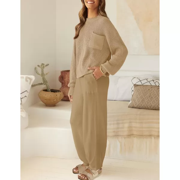 imageZESICA Womens 2 Piece Outfits Sweater Set Long Sleeve Mock Neck Knit Pullover Top High Waist Pant Tracksuit Lounge SetsKhaki