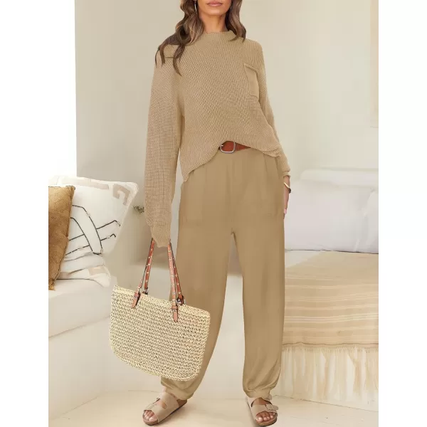 imageZESICA Womens 2 Piece Outfits Sweater Set Long Sleeve Mock Neck Knit Pullover Top High Waist Pant Tracksuit Lounge SetsKhaki