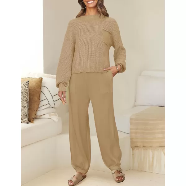 imageZESICA Womens 2 Piece Outfits Sweater Set Long Sleeve Mock Neck Knit Pullover Top High Waist Pant Tracksuit Lounge SetsKhaki