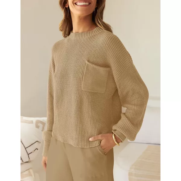 imageZESICA Womens 2 Piece Outfits Sweater Set Long Sleeve Mock Neck Knit Pullover Top High Waist Pant Tracksuit Lounge SetsKhaki