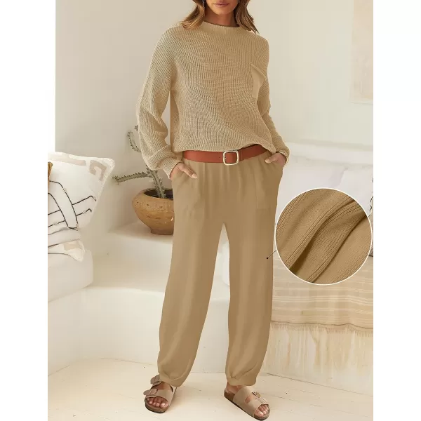 imageZESICA Womens 2 Piece Outfits Sweater Set Long Sleeve Mock Neck Knit Pullover Top High Waist Pant Tracksuit Lounge SetsKhaki