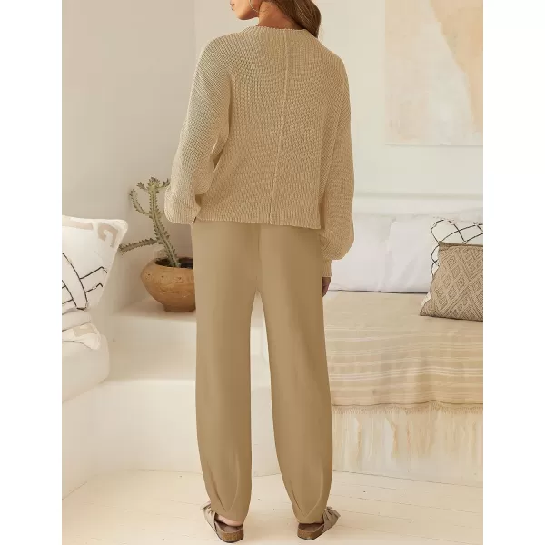 imageZESICA Womens 2 Piece Outfits Sweater Set Long Sleeve Mock Neck Knit Pullover Top High Waist Pant Tracksuit Lounge SetsKhaki