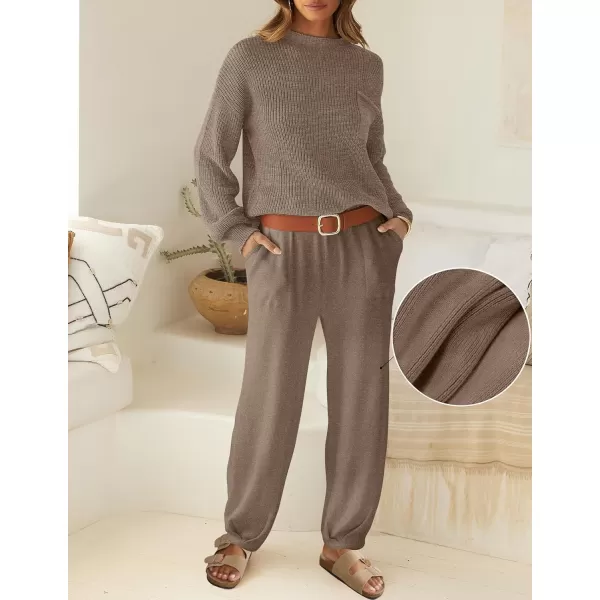 imageZESICA Womens 2 Piece Outfits Sweater Set Long Sleeve Mock Neck Knit Pullover Top High Waist Pant Tracksuit Lounge SetsMocha