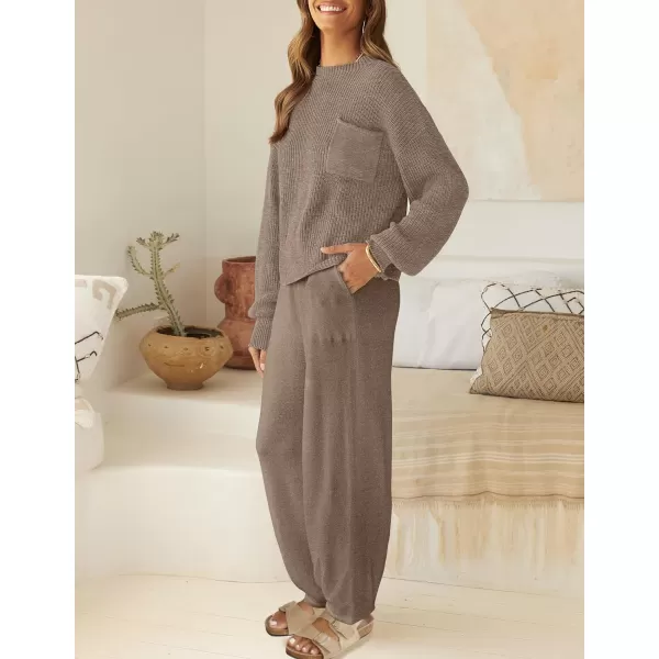 imageZESICA Womens 2 Piece Outfits Sweater Set Long Sleeve Mock Neck Knit Pullover Top High Waist Pant Tracksuit Lounge SetsMocha