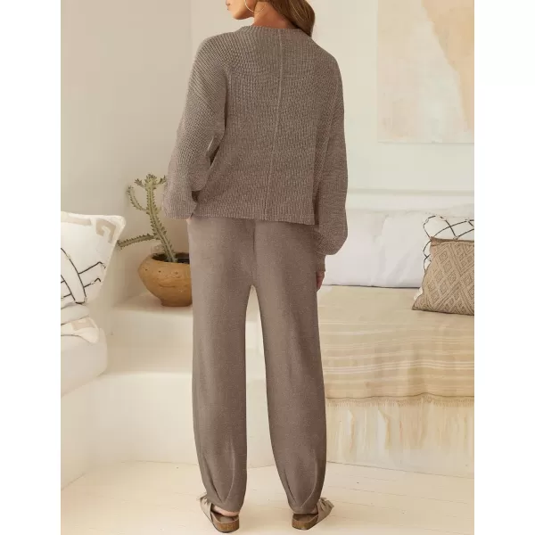 imageZESICA Womens 2 Piece Outfits Sweater Set Long Sleeve Mock Neck Knit Pullover Top High Waist Pant Tracksuit Lounge SetsMocha