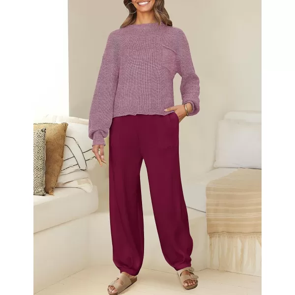 imageZESICA Womens 2 Piece Outfits Sweater Set Long Sleeve Mock Neck Knit Pullover Top High Waist Pant Tracksuit Lounge SetsPlum