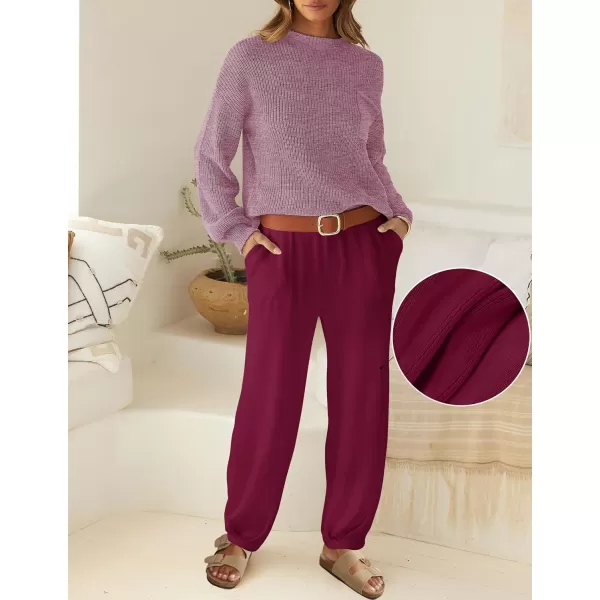 imageZESICA Womens 2 Piece Outfits Sweater Set Long Sleeve Mock Neck Knit Pullover Top High Waist Pant Tracksuit Lounge SetsPlum