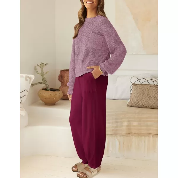 imageZESICA Womens 2 Piece Outfits Sweater Set Long Sleeve Mock Neck Knit Pullover Top High Waist Pant Tracksuit Lounge SetsPlum