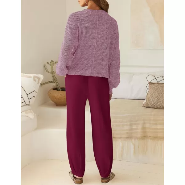 imageZESICA Womens 2 Piece Outfits Sweater Set Long Sleeve Mock Neck Knit Pullover Top High Waist Pant Tracksuit Lounge SetsPlum