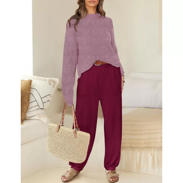imageZESICA Womens 2 Piece Outfits Sweater Set Long Sleeve Mock Neck Knit Pullover Top High Waist Pant Tracksuit Lounge SetsPlum
