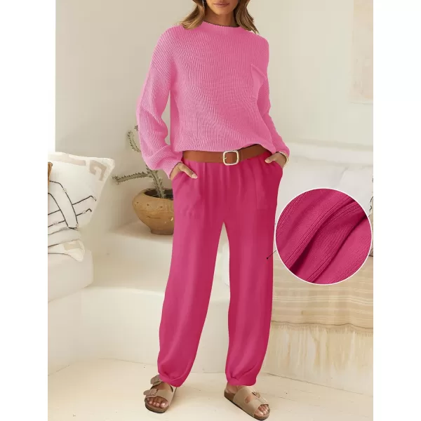 imageZESICA Womens 2 Piece Outfits Sweater Set Long Sleeve Mock Neck Knit Pullover Top High Waist Pant Tracksuit Lounge SetsRose