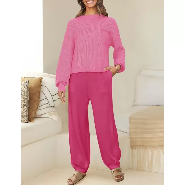 imageZESICA Womens 2 Piece Outfits Sweater Set Long Sleeve Mock Neck Knit Pullover Top High Waist Pant Tracksuit Lounge SetsRose