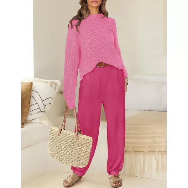 imageZESICA Womens 2 Piece Outfits Sweater Set Long Sleeve Mock Neck Knit Pullover Top High Waist Pant Tracksuit Lounge SetsRose