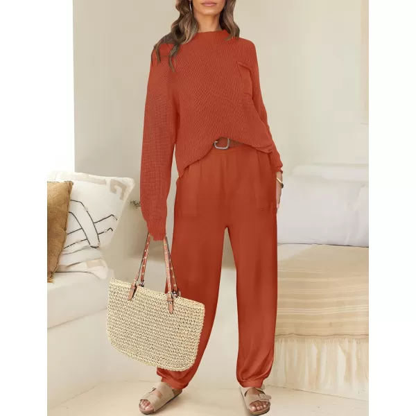 imageZESICA Womens 2 Piece Outfits Sweater Set Long Sleeve Mock Neck Knit Pullover Top High Waist Pant Tracksuit Lounge SetsRust