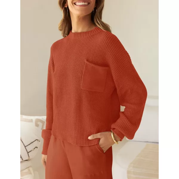 imageZESICA Womens 2 Piece Outfits Sweater Set Long Sleeve Mock Neck Knit Pullover Top High Waist Pant Tracksuit Lounge SetsRust