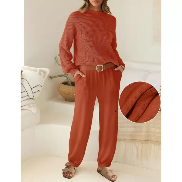 imageZESICA Womens 2 Piece Outfits Sweater Set Long Sleeve Mock Neck Knit Pullover Top High Waist Pant Tracksuit Lounge SetsRust