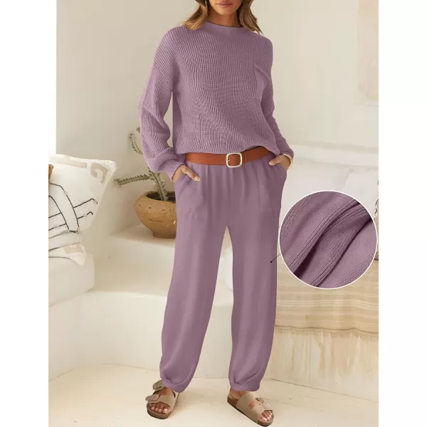 imageZESICA Womens 2 Piece Outfits Sweater Set Long Sleeve Mock Neck Knit Pullover Top High Waist Pant Tracksuit Lounge SetsTaropurple
