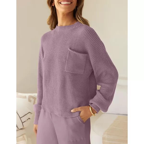 imageZESICA Womens 2 Piece Outfits Sweater Set Long Sleeve Mock Neck Knit Pullover Top High Waist Pant Tracksuit Lounge SetsTaropurple