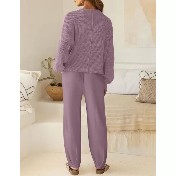 imageZESICA Womens 2 Piece Outfits Sweater Set Long Sleeve Mock Neck Knit Pullover Top High Waist Pant Tracksuit Lounge SetsTaropurple