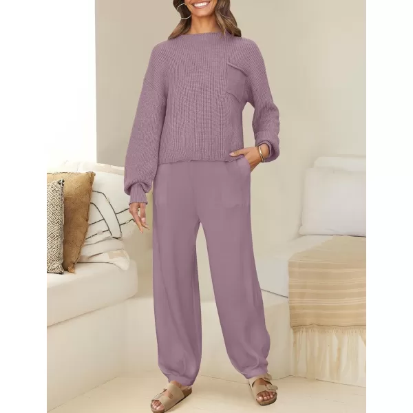 imageZESICA Womens 2 Piece Outfits Sweater Set Long Sleeve Mock Neck Knit Pullover Top High Waist Pant Tracksuit Lounge SetsTaropurple