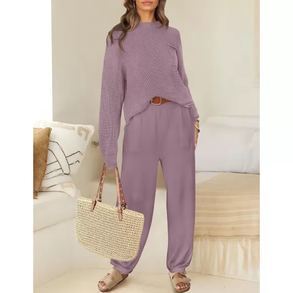 imageZESICA Womens 2 Piece Outfits Sweater Set Long Sleeve Mock Neck Knit Pullover Top High Waist Pant Tracksuit Lounge SetsTaropurple