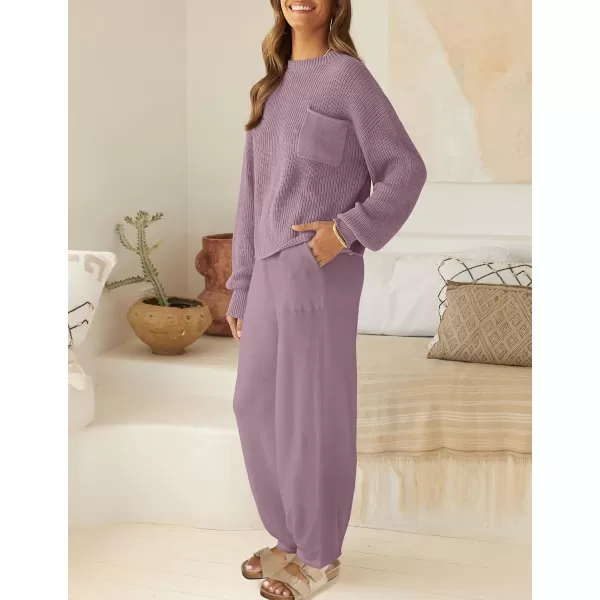 imageZESICA Womens 2 Piece Outfits Sweater Set Long Sleeve Mock Neck Knit Pullover Top High Waist Pant Tracksuit Lounge SetsTaropurple