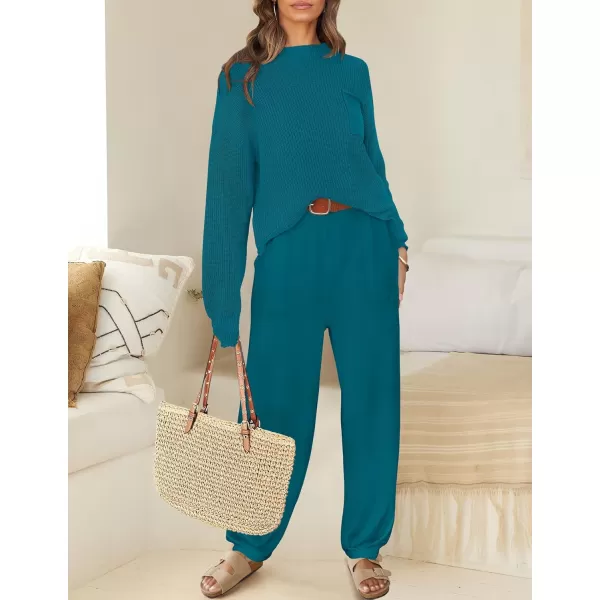 imageZESICA Womens 2 Piece Outfits Sweater Set Long Sleeve Mock Neck Knit Pullover Top High Waist Pant Tracksuit Lounge SetsTeal
