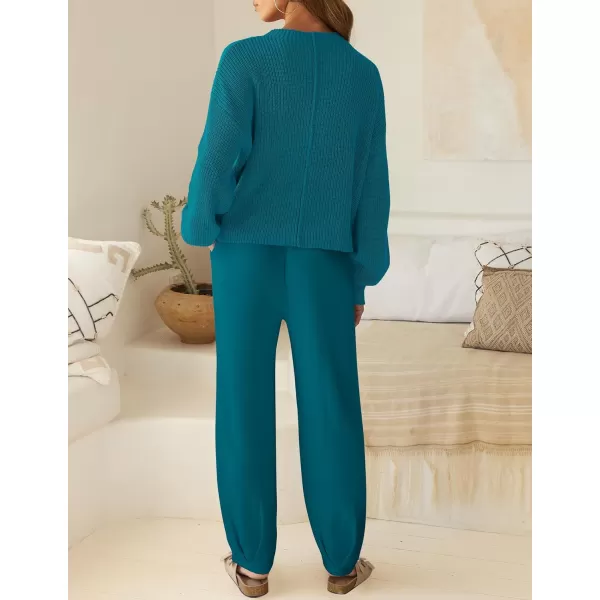 imageZESICA Womens 2 Piece Outfits Sweater Set Long Sleeve Mock Neck Knit Pullover Top High Waist Pant Tracksuit Lounge SetsTeal