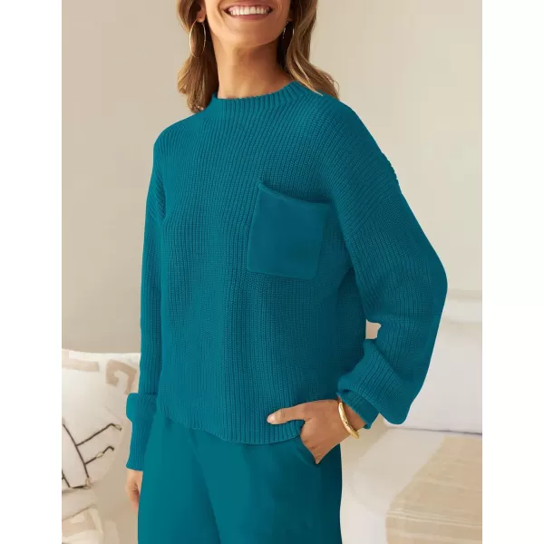 imageZESICA Womens 2 Piece Outfits Sweater Set Long Sleeve Mock Neck Knit Pullover Top High Waist Pant Tracksuit Lounge SetsTeal